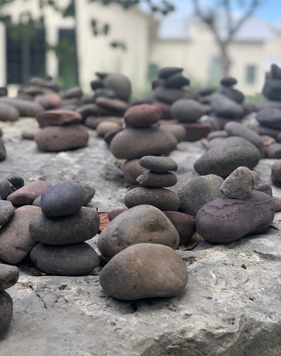 Small stacks of balanced river stones